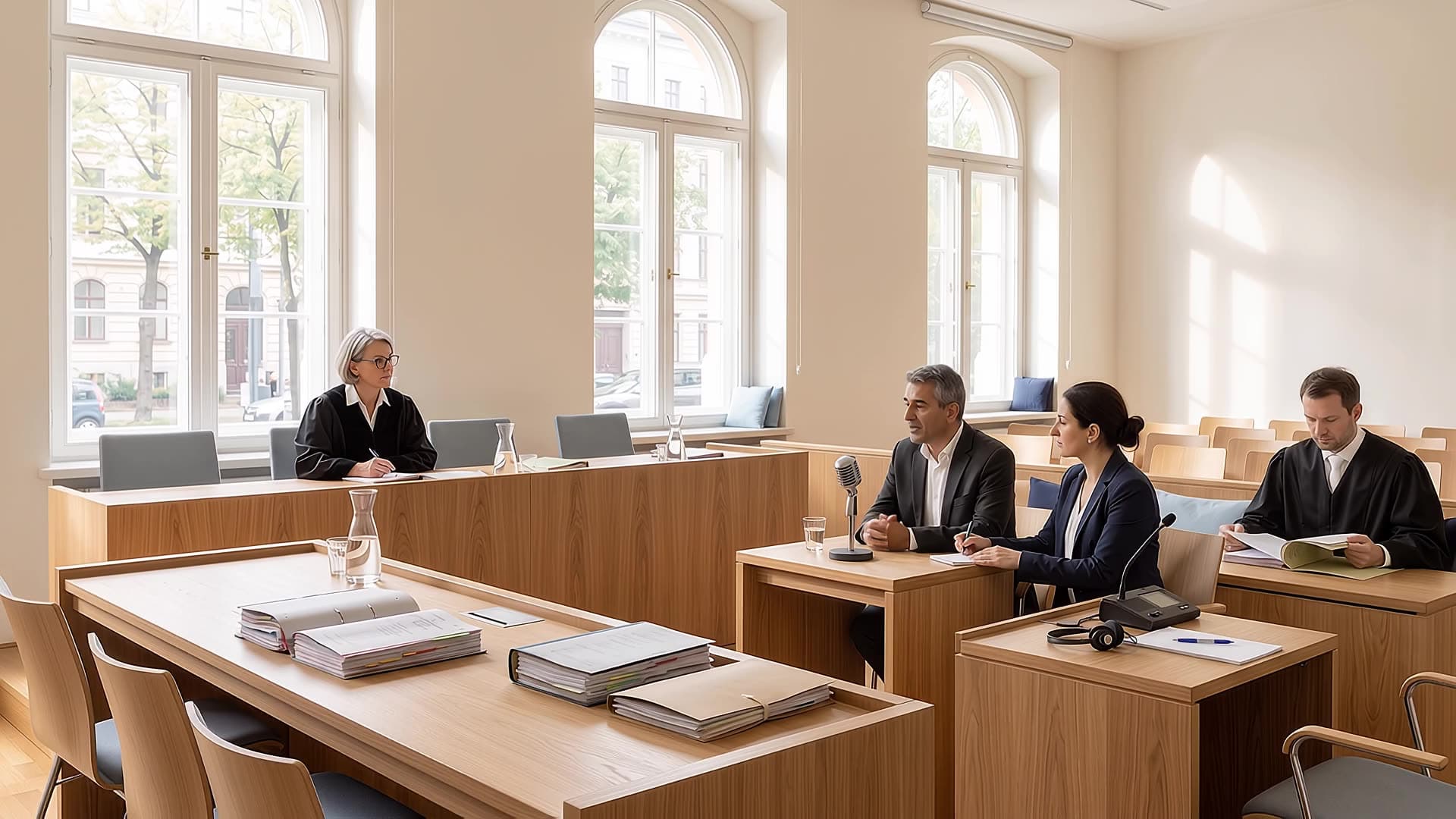 Gerichtsverhandlung: Die Richterin hört zu, ein Mann sagt am Zeugentisch aus, neben ihm eine Dolmetscherin (Symbolbild)