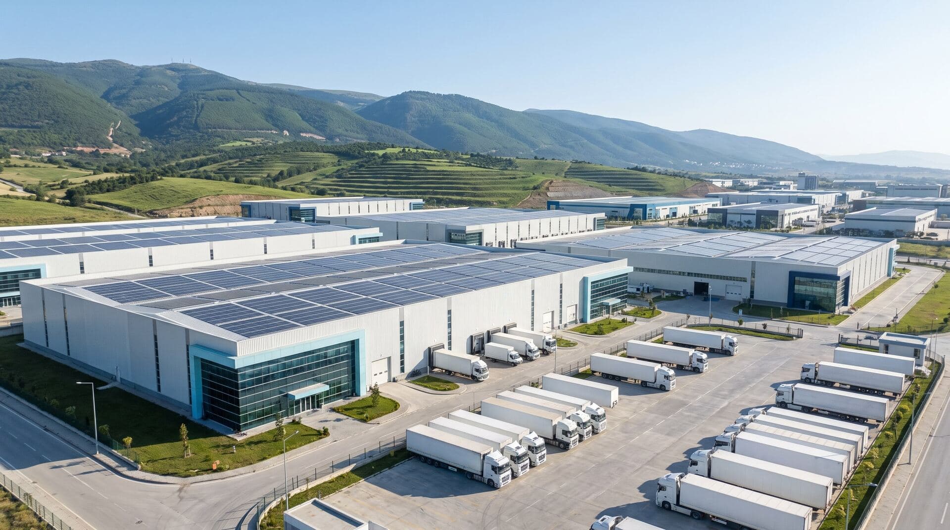 Industriegebiet bei Bursa mit Werkshallen und Lastwagen vor dem Uludağ (Symbolbild)