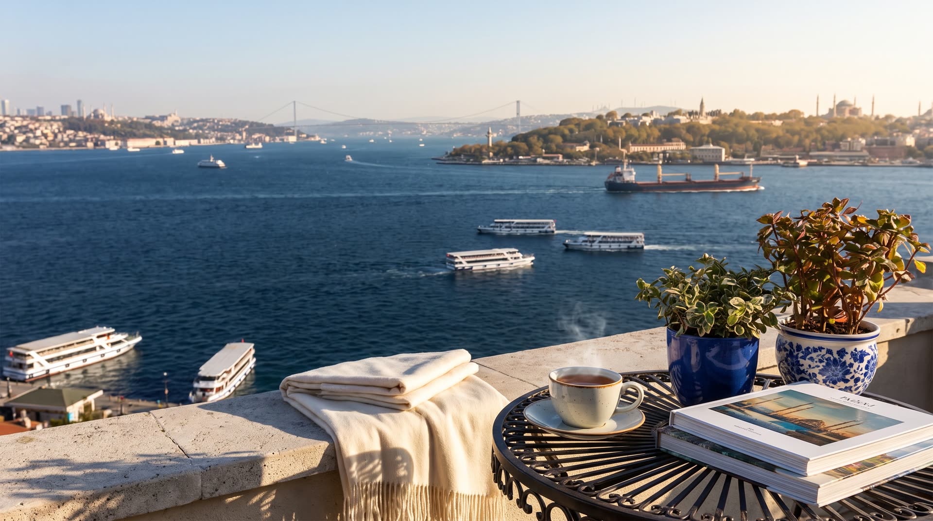 Blick über den Bosporus mit Fähren, auf der Terrasse Tee und Bücher (Symbolbild)